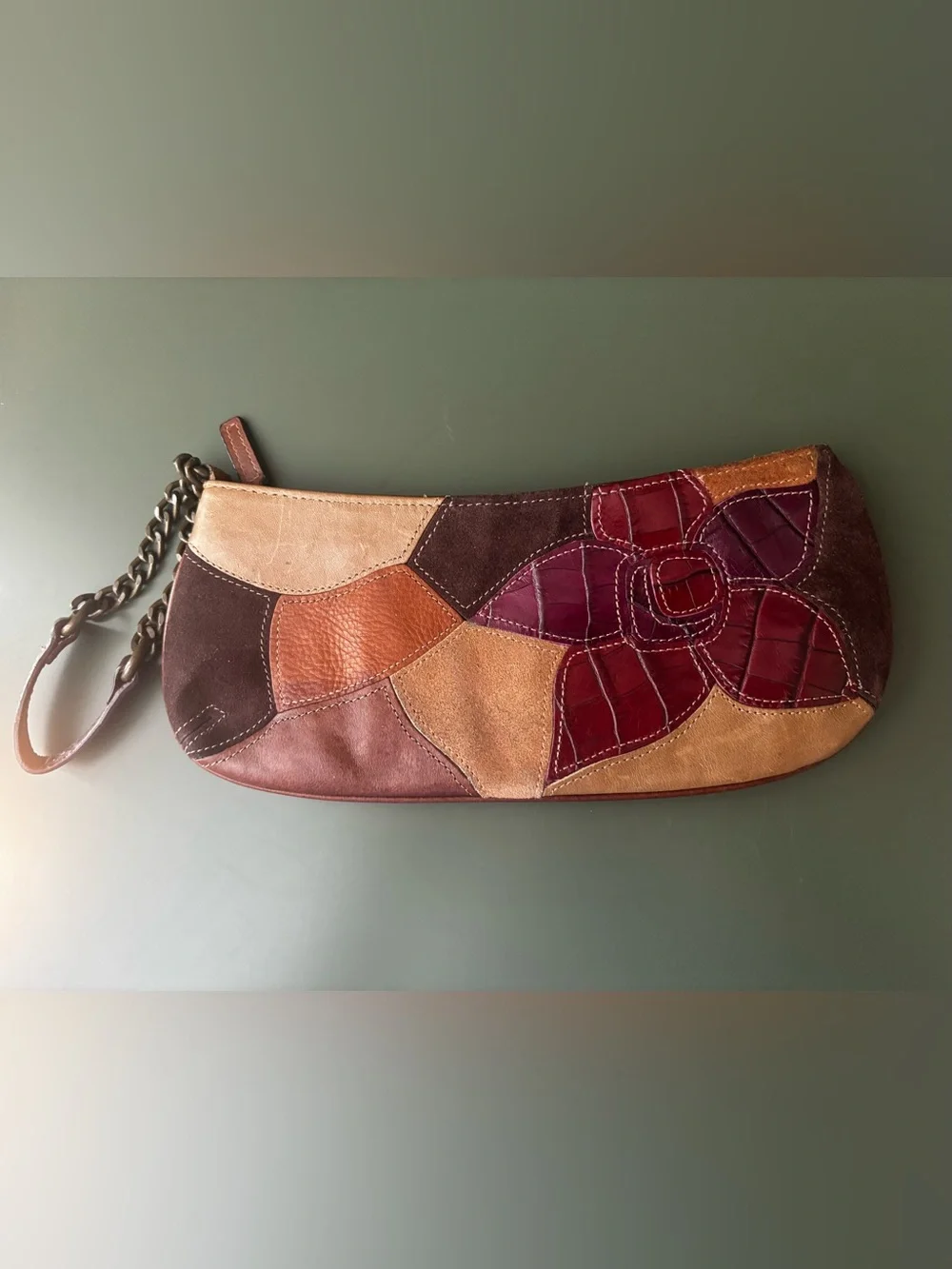 Vintage Fossil Patchwork Leather Wristlet Wallet Suede Boho Zipper Clutch Flower